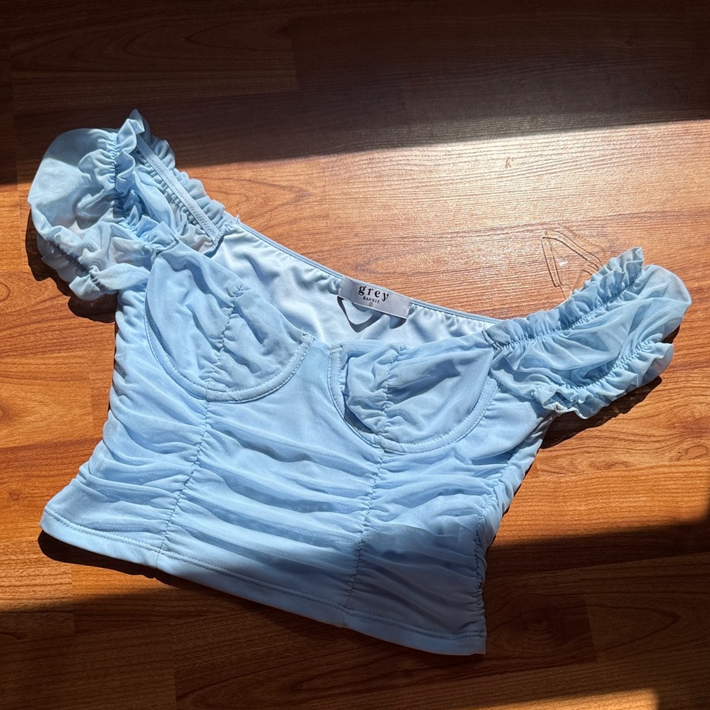 Grey Bandit Light Blue Off-Shoulder Mesh Crop Top! Size Small